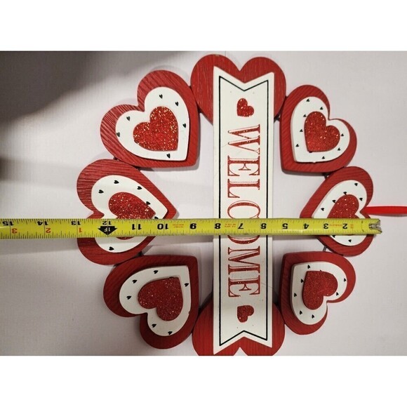 Valentine's Day Heart Wreath Door Hanger Sign Red White Glitter Wooden Welcome - Picture 6 of 9